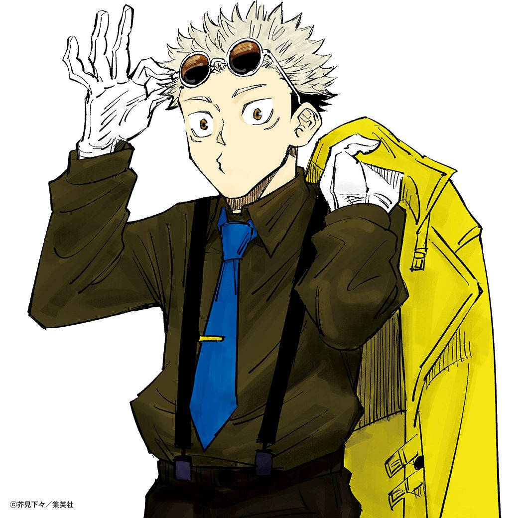 動漫男孩，白髮，頭上戴著太陽眼鏡，拿著黃色外套。