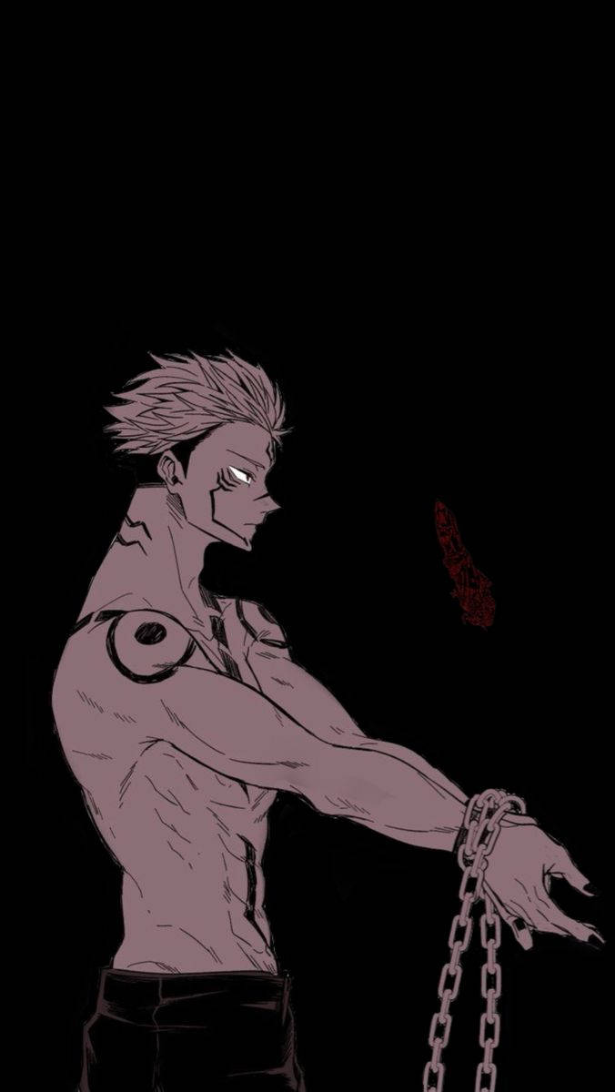 《咒術迴戰》宿儺被鎖鏈束縛，咒指浮空 壁紙 — 一個肌肉發達的動漫男子，頭髮尖刺，帶著鎖鏈束縛，站在黑色背景前，附近漂浮著一個紅色標記。