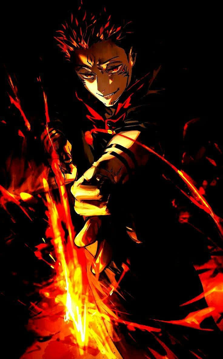 《咒術迴戰》激戰宿儺烈焰版 壁紙 — 一位火熱的動漫戰士，有著尖刺頭髮和發光的眼睛，在黑暗背景下揮舞著一把熾熱的劍。