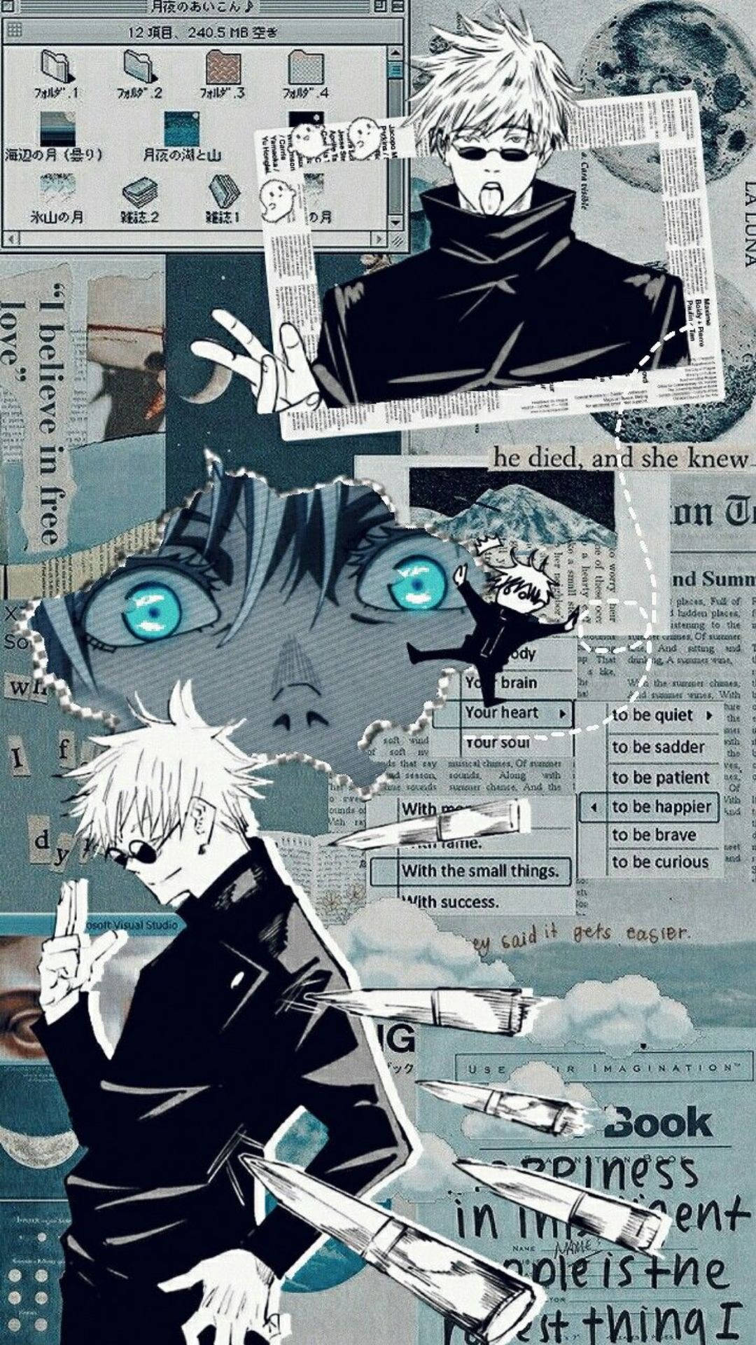 《咒術迴戰》藍色主題五條悟剪貼簿拼貼手機壁紙 壁紙 — 一張動漫角色五條悟的拼貼畫，眼睛發光，並附有報紙剪報，包含引言和數位介面元素。