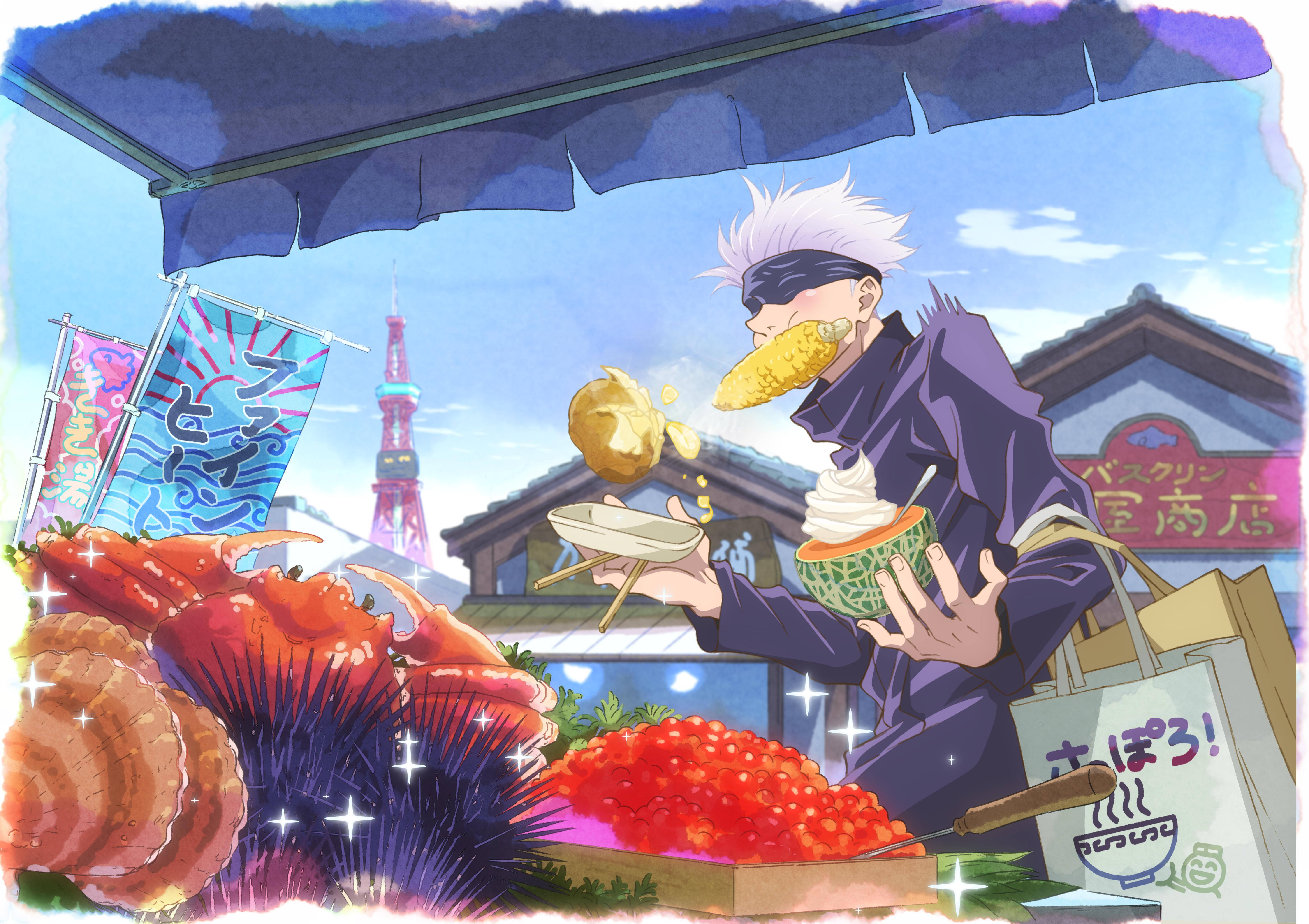 咒術迴戰五條悟日本甜點 壁紙 — 白髮蒙眼動漫角色在充滿活力的東京街頭小吃攤吃玉米和冰淇淋，背景有巨型海鮮和東京鐵塔。