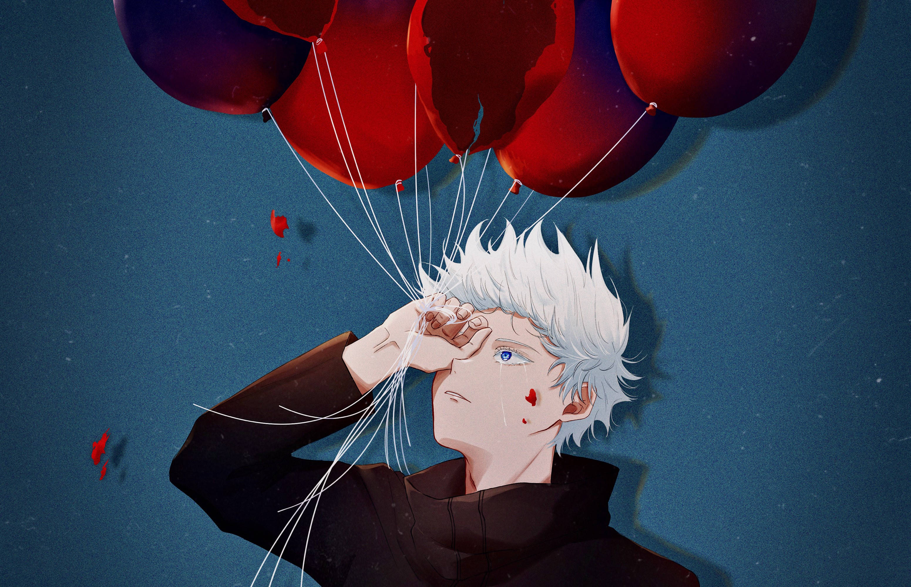 咒術迴戰五條悟紅氣球 壁紙 — 一個白髮動漫男孩，臉頰上有紅色心形標記，在深藍色背景上紅色氣球飄走時，他捂著眼睛。