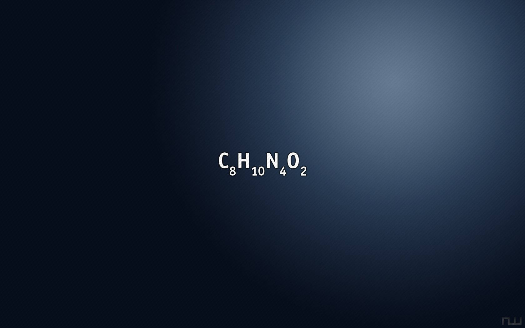 咖啡因化學公式 C8H10N4O2 壁紙 — 白色化學符號 CHNO 與原子序數，居中於深藍色漸變背景上。