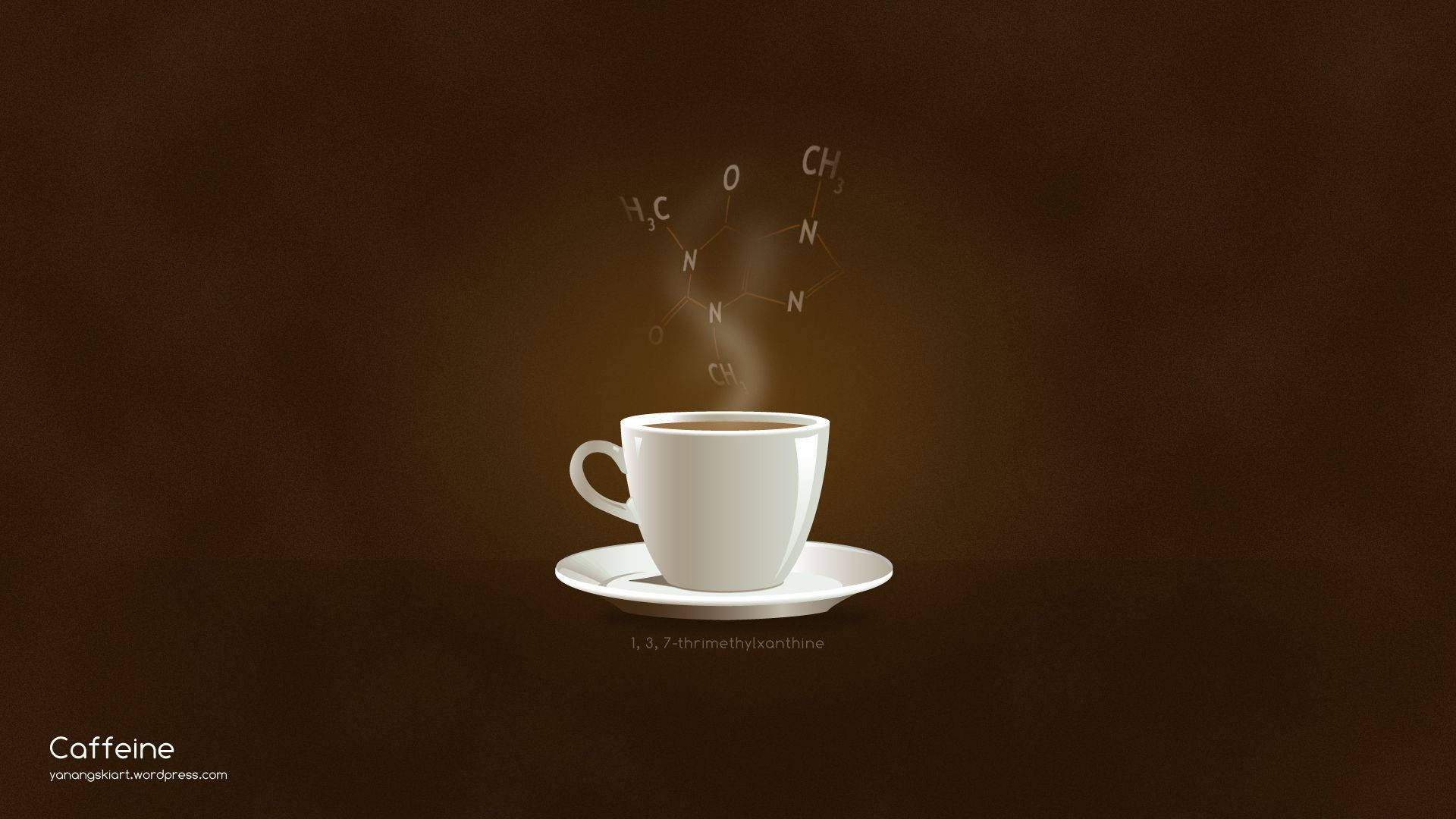 白色咖啡杯，蒸氣形成咖啡因分子式，背景為棕色。
