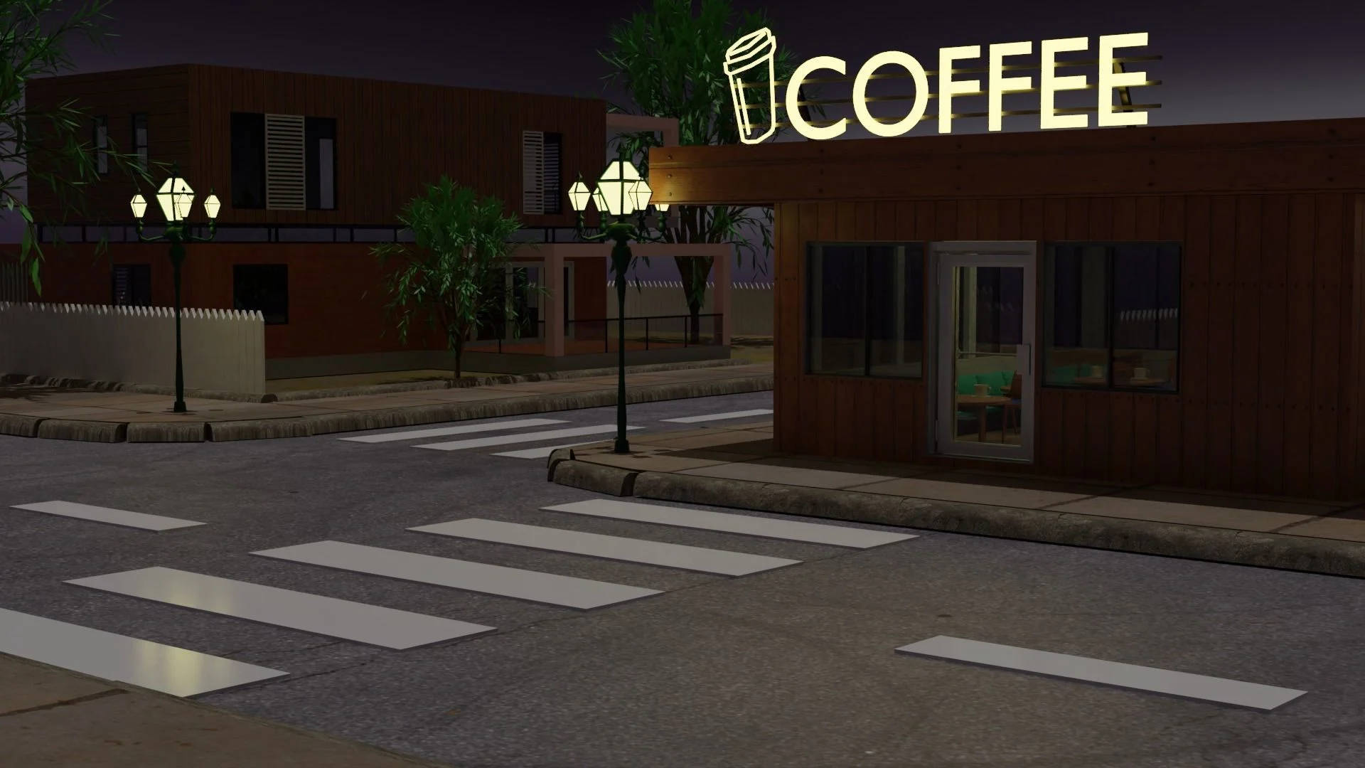 夜晚的咖啡店，發光的招牌和街燈在寧靜的街道上。