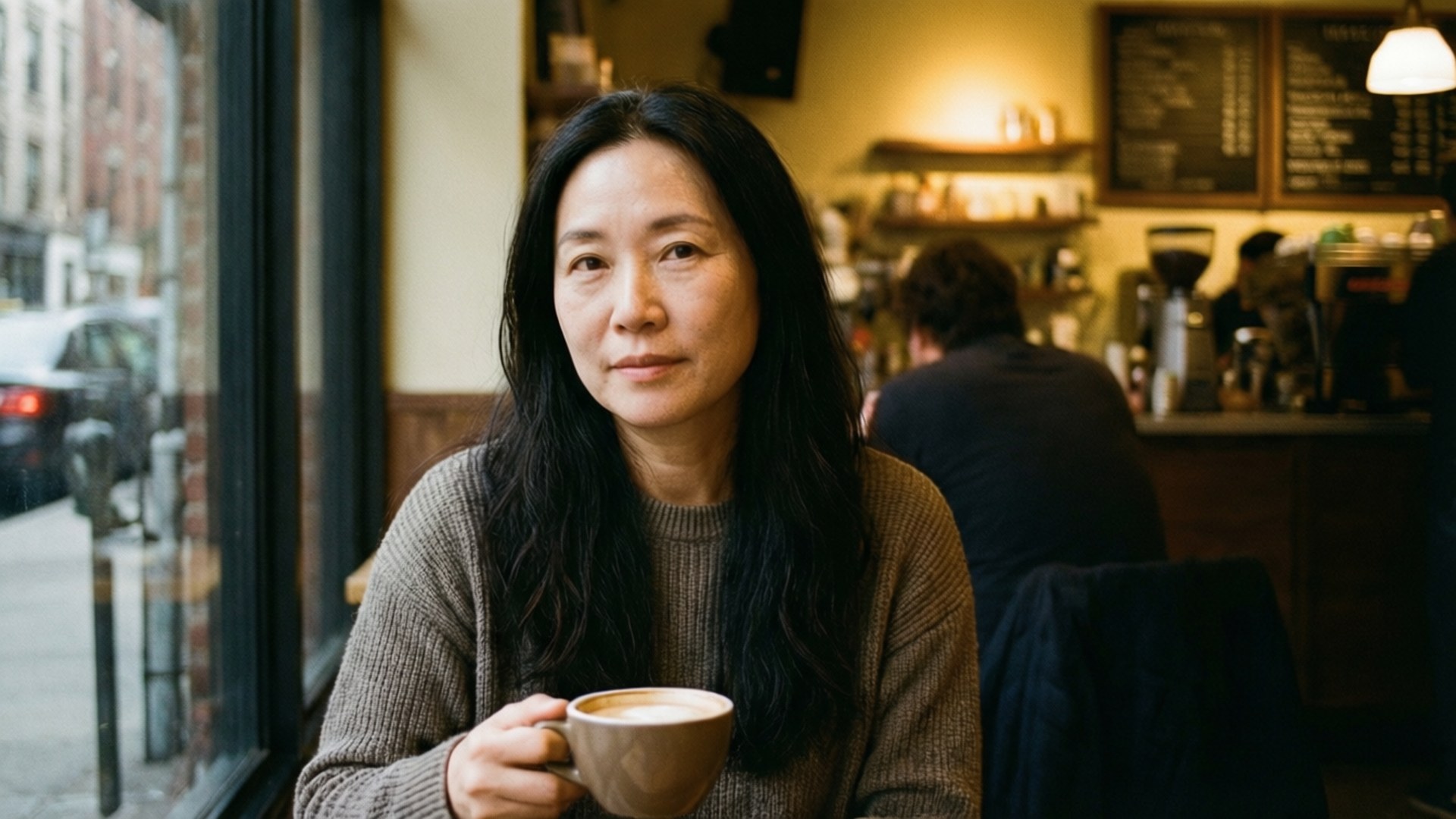 一位女性在咖啡館手持咖啡杯望向窗外。