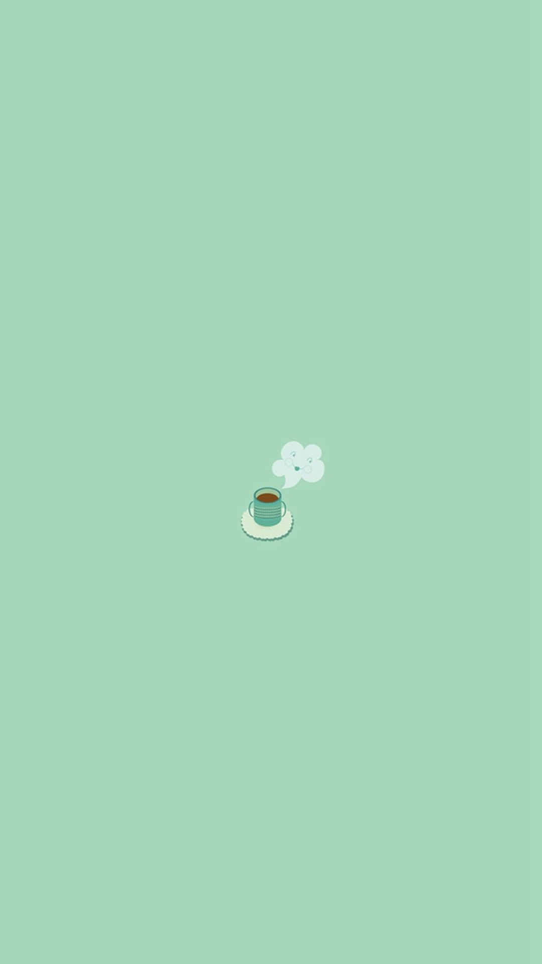 咖啡淡綠色極簡 iPhone 壁紙 — 一個簡約的藍綠色杯子，帶有蒸汽漩渦，位於淡綠色背景中央。