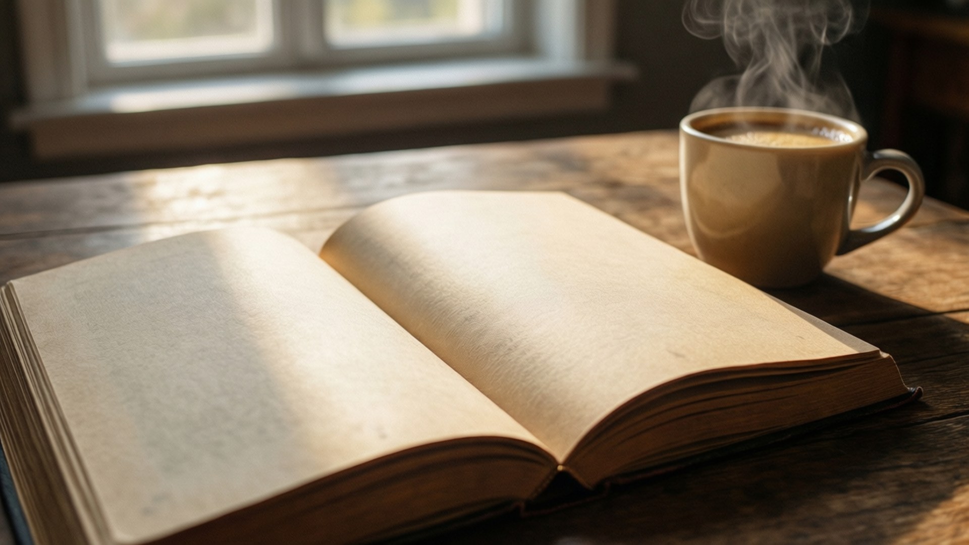 窗邊木桌上，一本打開的書和冒著蒸汽的咖啡杯沐浴在陽光中。