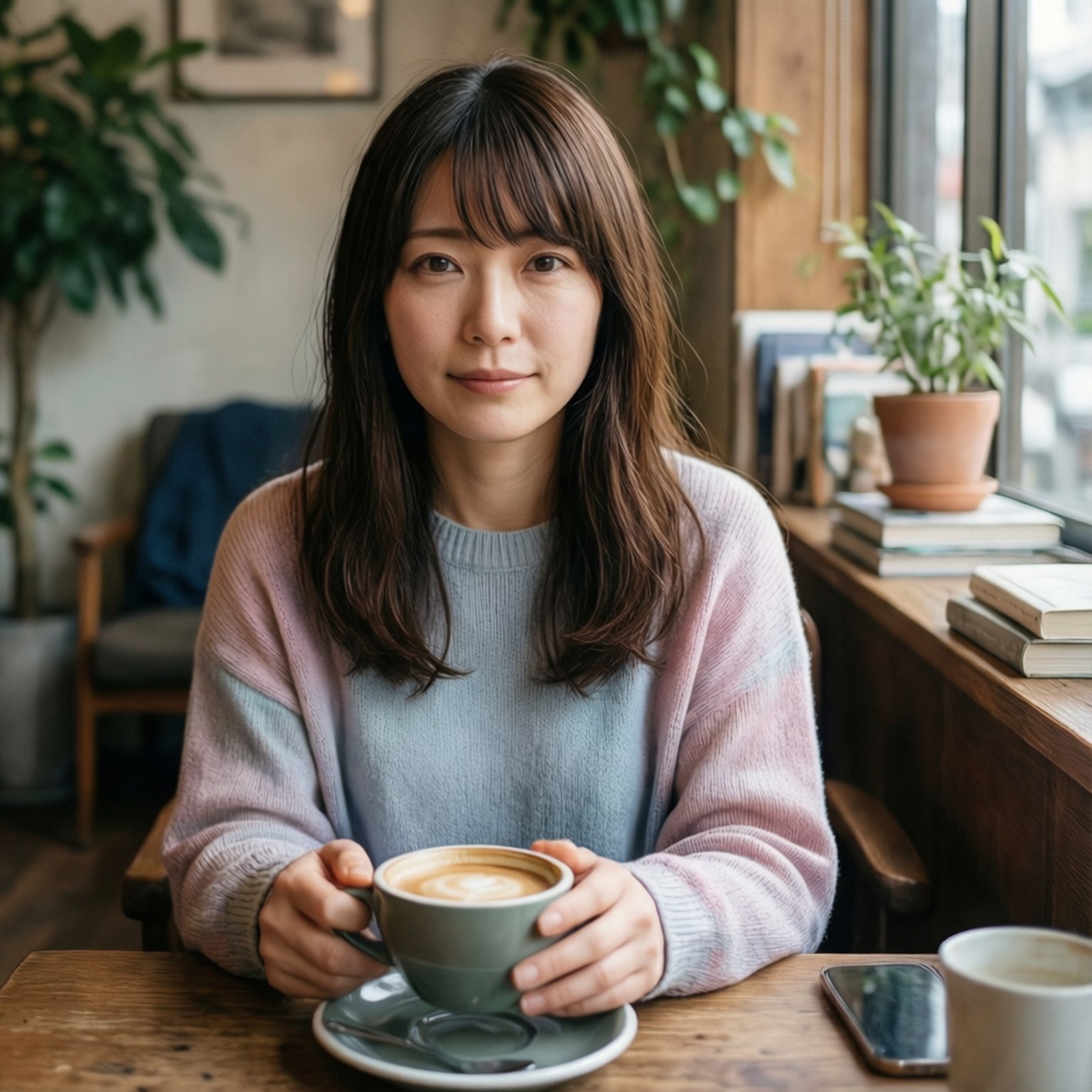 咖啡館休憩 壁紙 — 一位冷靜的棕髮女性在一個舒適的咖啡館裡，拿著一杯拿鐵，周圍有木桌和綠色植物。