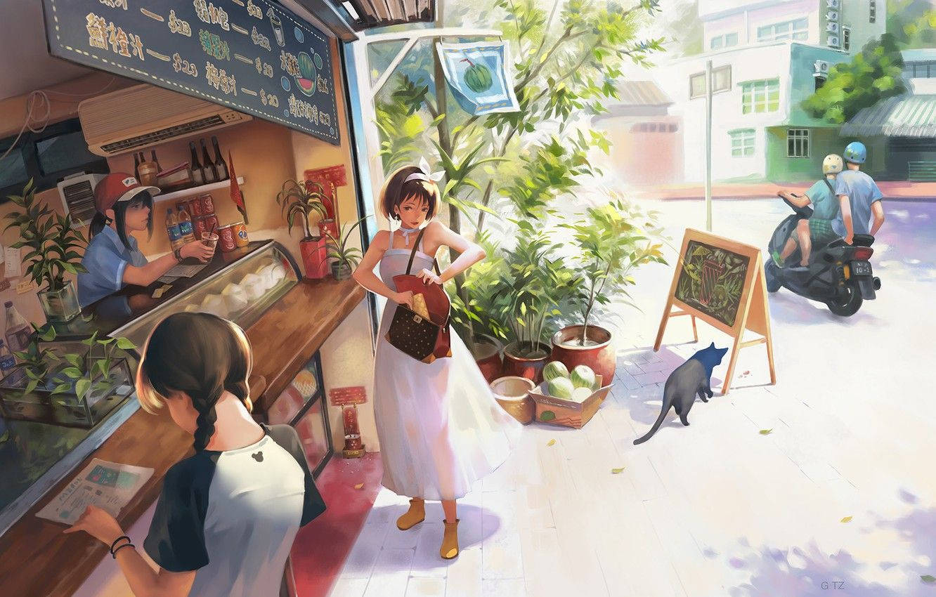咖啡館前的女士與黑貓圖像藝術 壁紙 — 明亮的動漫風格街景，一名身穿白色連衣裙的女子在攤位買食物，一隻黑貓在附近徘徊。