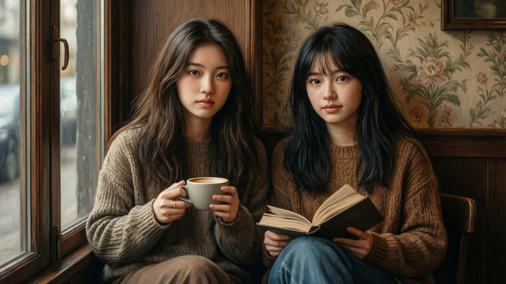 兩位穿著舒適毛衣的女性在復古咖啡館的窗邊啜飲咖啡並閱讀。