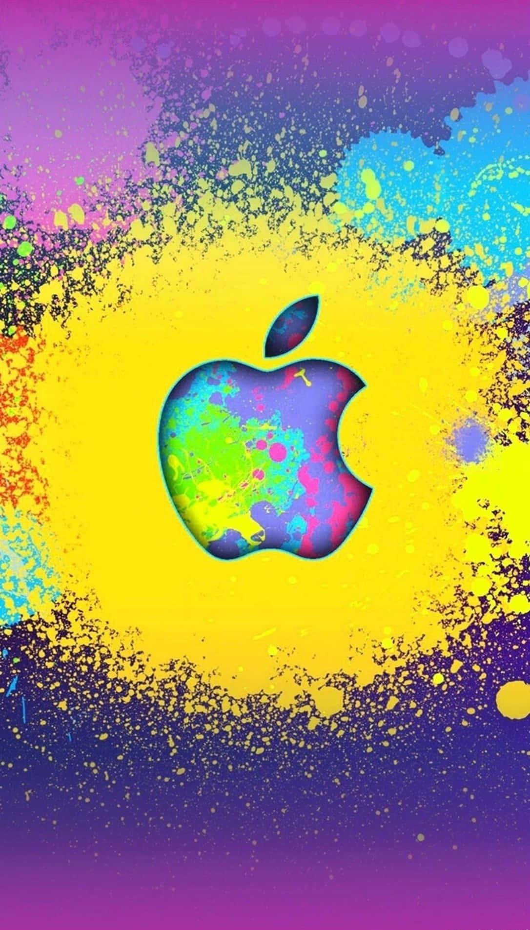 在漸變背景上帶有彩色顏料濺點的Apple標誌。