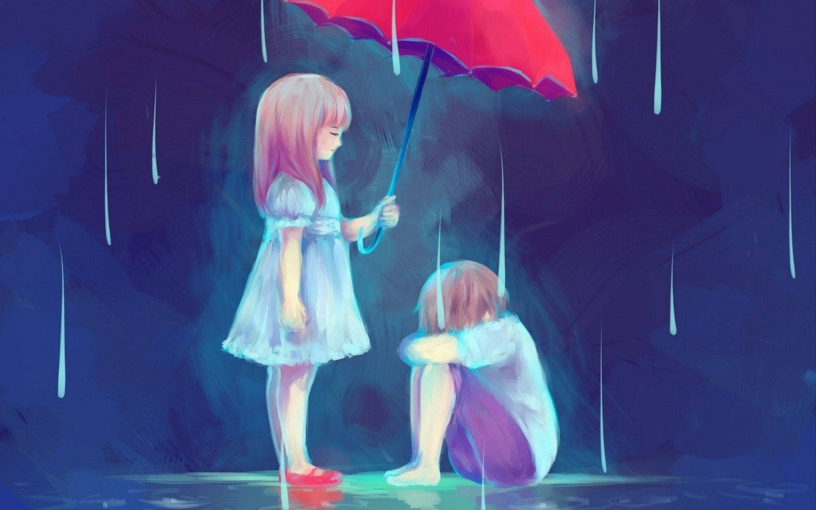 雨中的兩個孩子，一個站著撐紅傘，一個蹲著