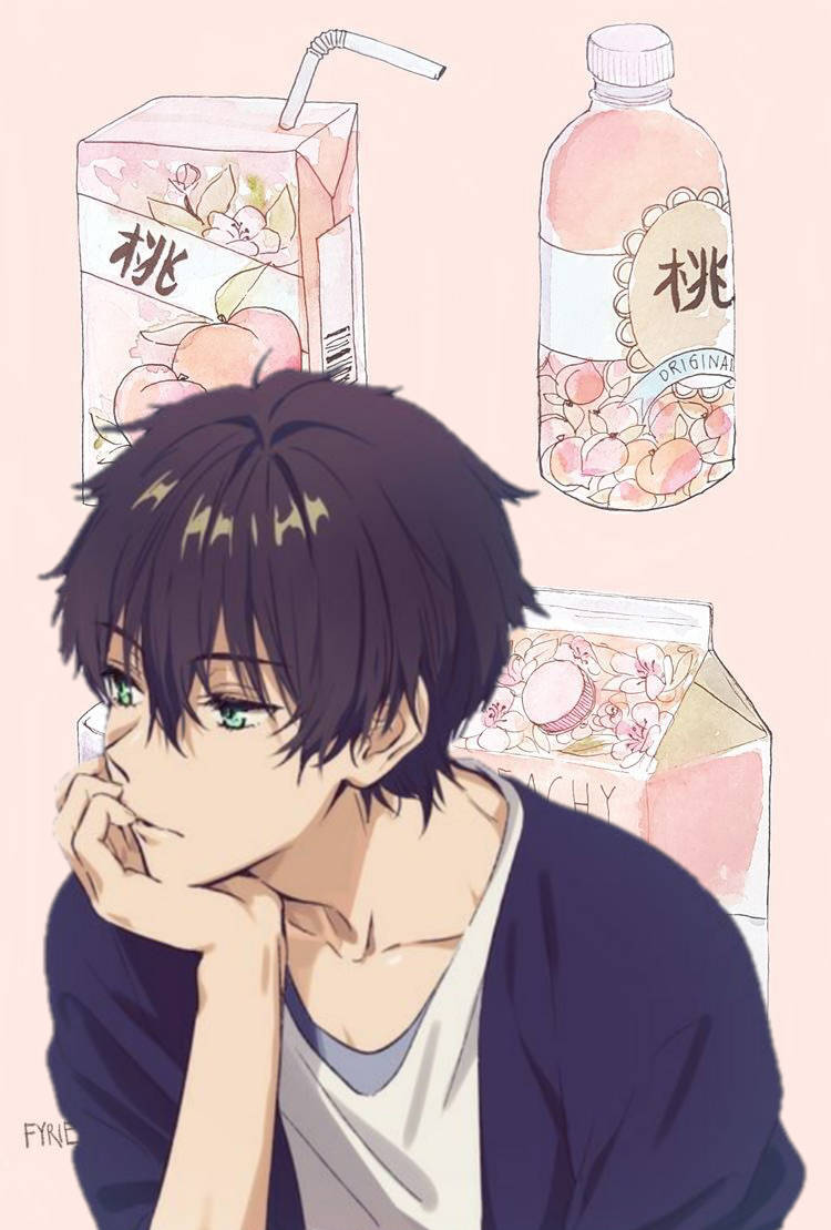 哀傷動漫男孩 Hōtarō Oreki 美學 壁紙 — 一個年輕的動漫男孩，綠色眼睛，深色頭髮，將下巴擱在手上，旁邊有蜜桃味飲料。