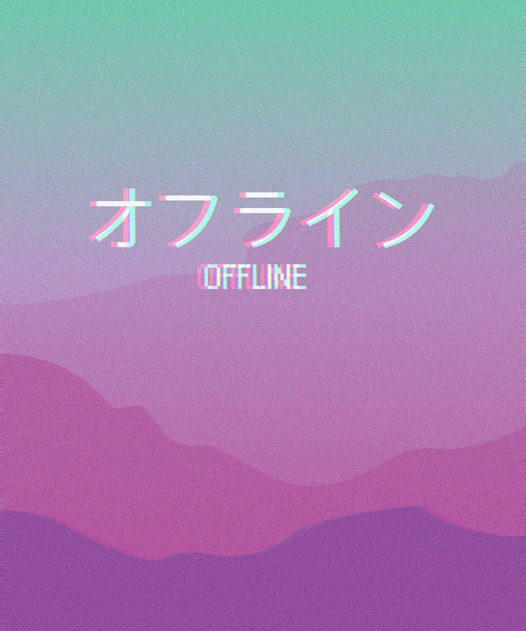 在紫色藍綠色漸變背景上，以日文和英文顯示離線的故障風格文字。