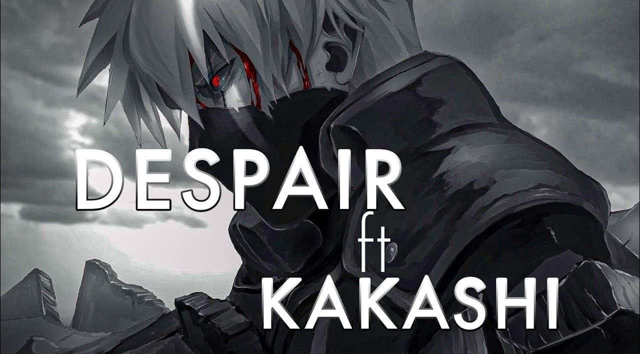 銀髮紅眼的動漫角色，暴風雨的灰色風景，文字DESPAIR ft KAKASHI。