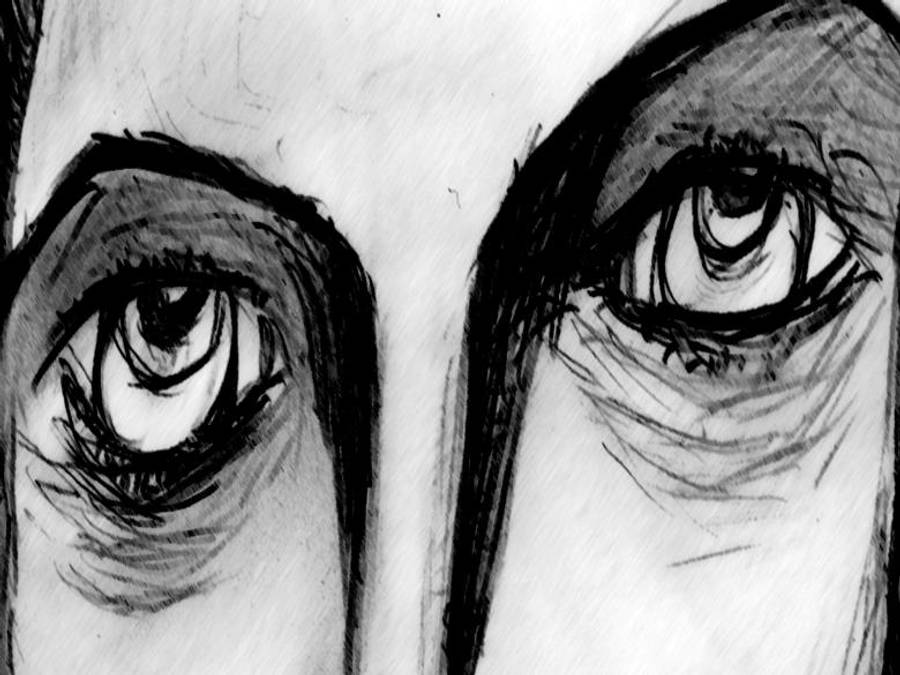 哀傷眼眸鉛筆畫 壁紙 — 以粗糙黑白素描風格繪製、帶有強烈陰影的表情豐富人類眼睛的強烈特寫。