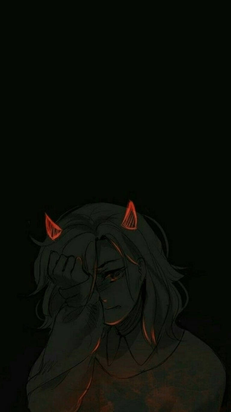 哀傷美學 哭泣惡魔少女 壁紙 — 一個黑暗的動漫角色，發光的紅色角和眼睛遮蓋了他們在陰影中的臉。