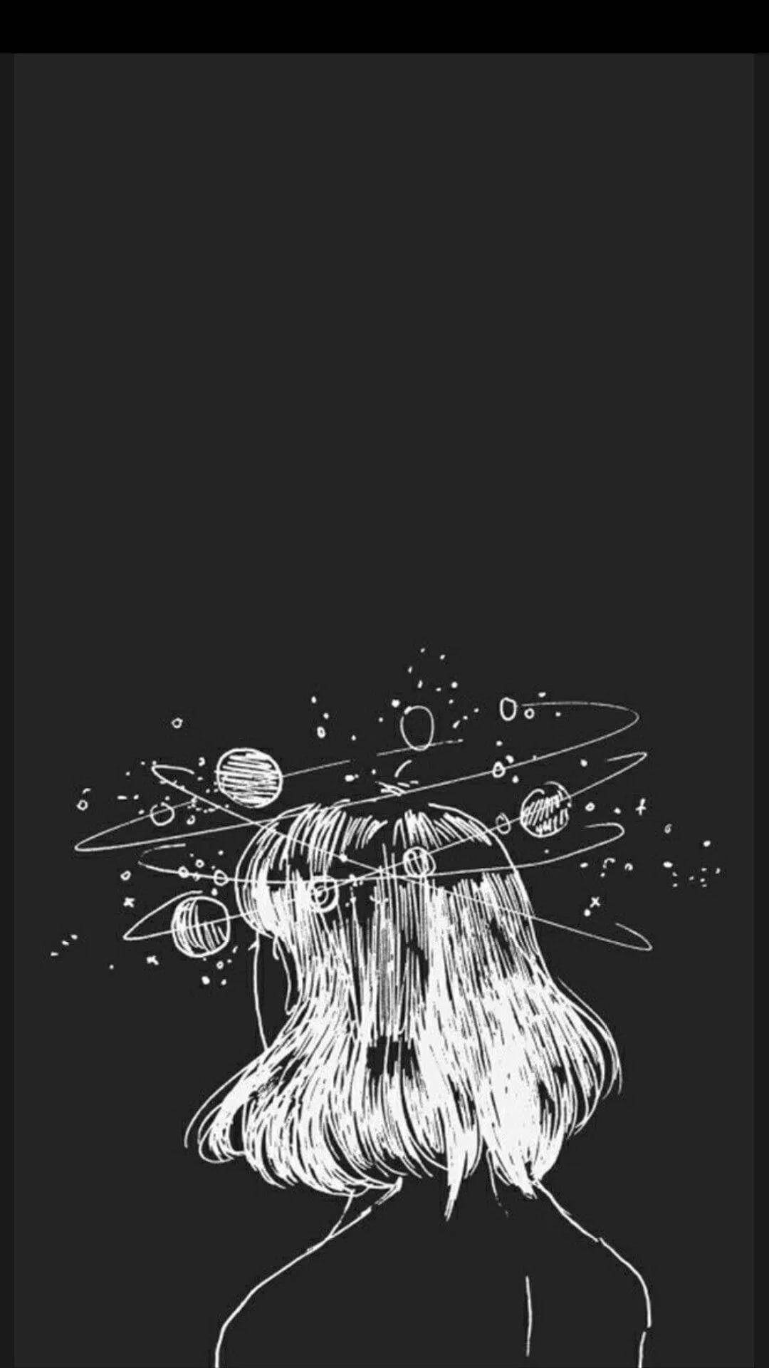 哀傷美學 浮動圖示少女 壁紙 — 一個白色線條藝術草圖，描繪一個人的頭部，頭髮上方有宇宙行星和星星在黑暗背景上旋轉。