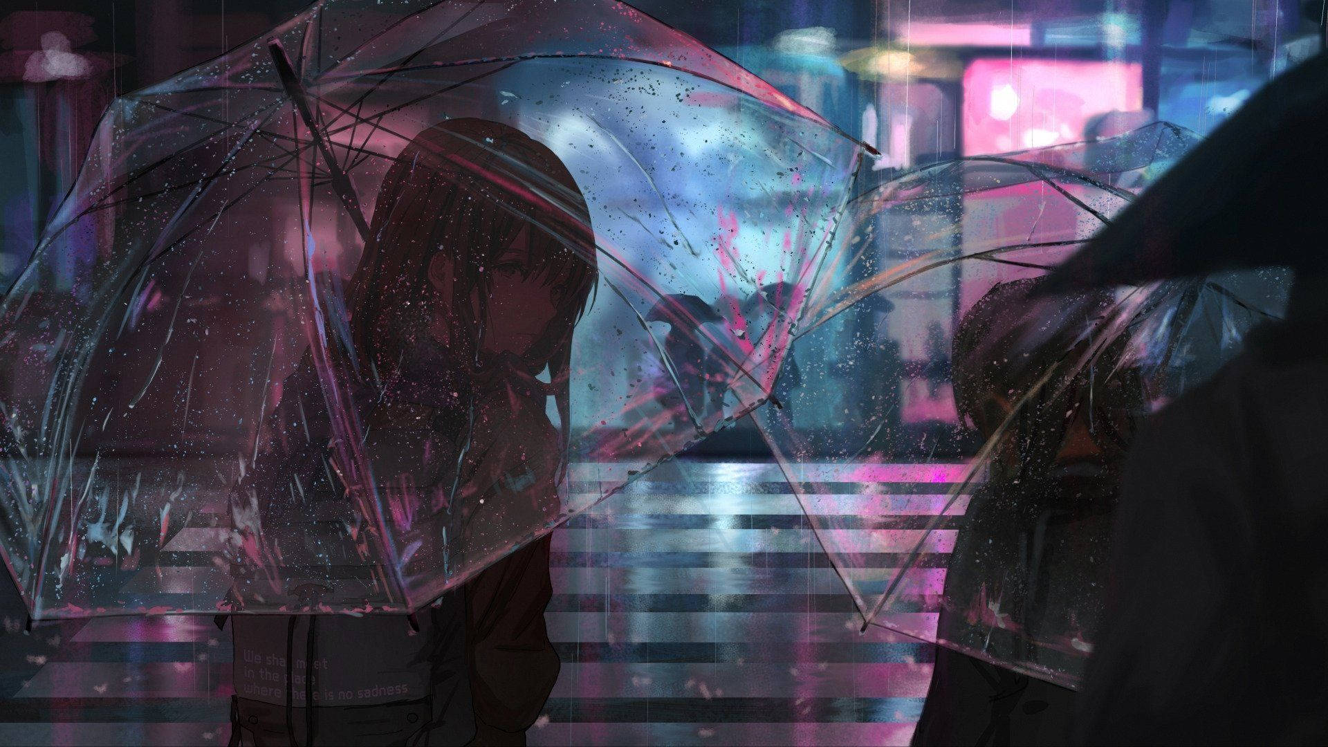 動漫女仔喺夜晚嘅霓虹雨城中揸住透明遮。