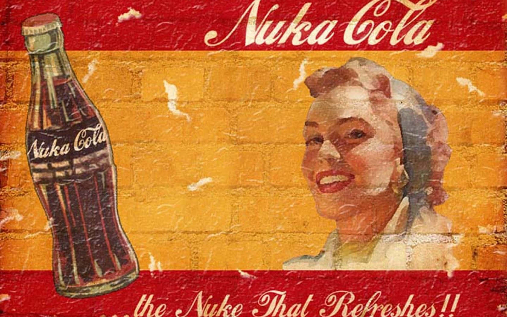 復古Nuka-Cola廣告，磚牆上微笑的女人和瓶子。