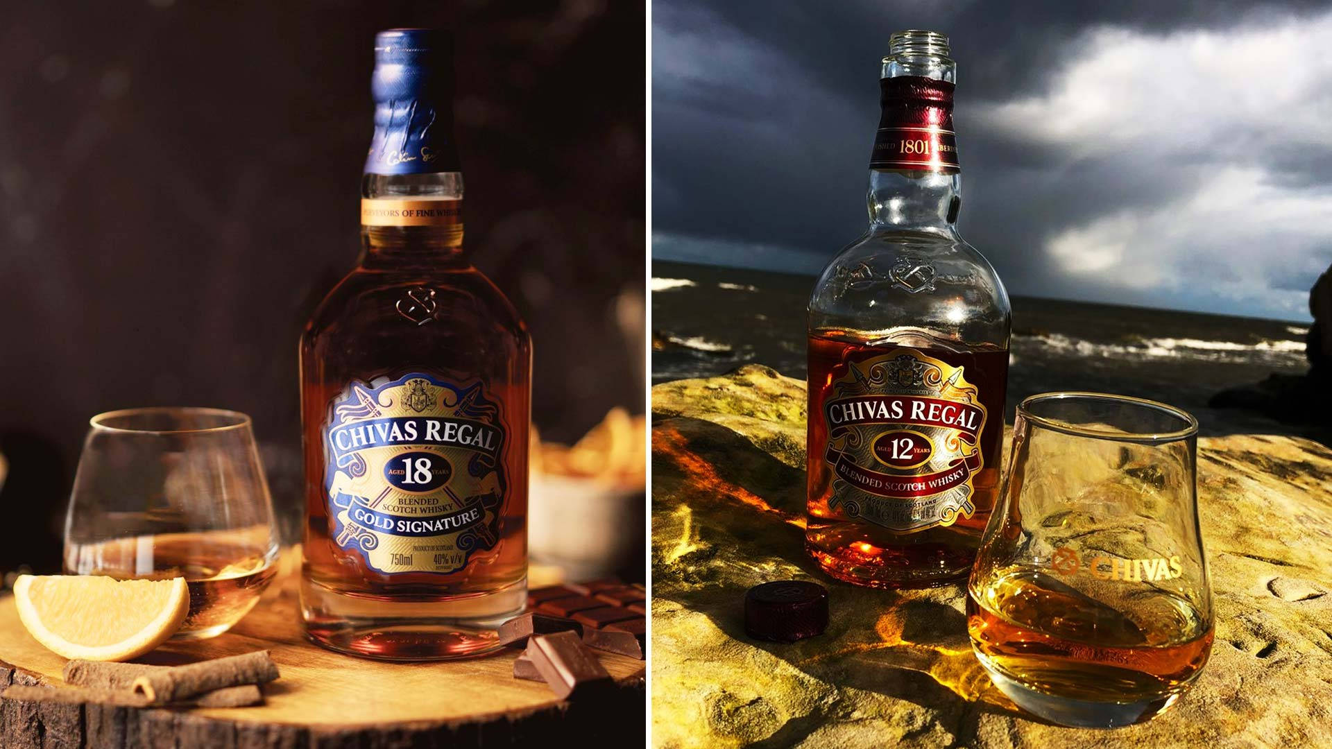 兩瓶Chivas Regal威士忌連酒杯在戲劇性燈光下置於木質表面。