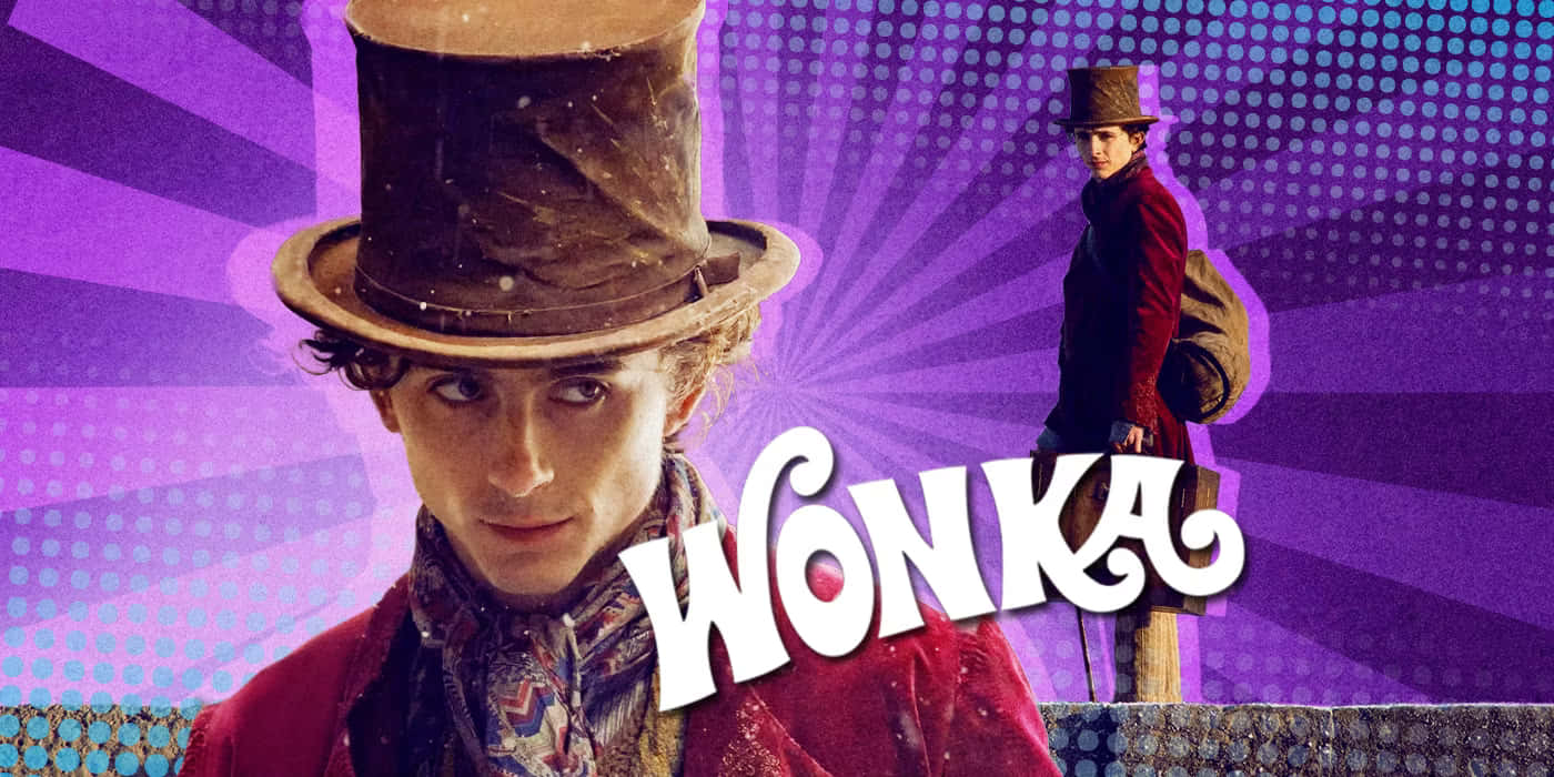 一位戴著高帽、身穿紅色外套的年輕男子，以及顯眼的「Wonka」字樣。