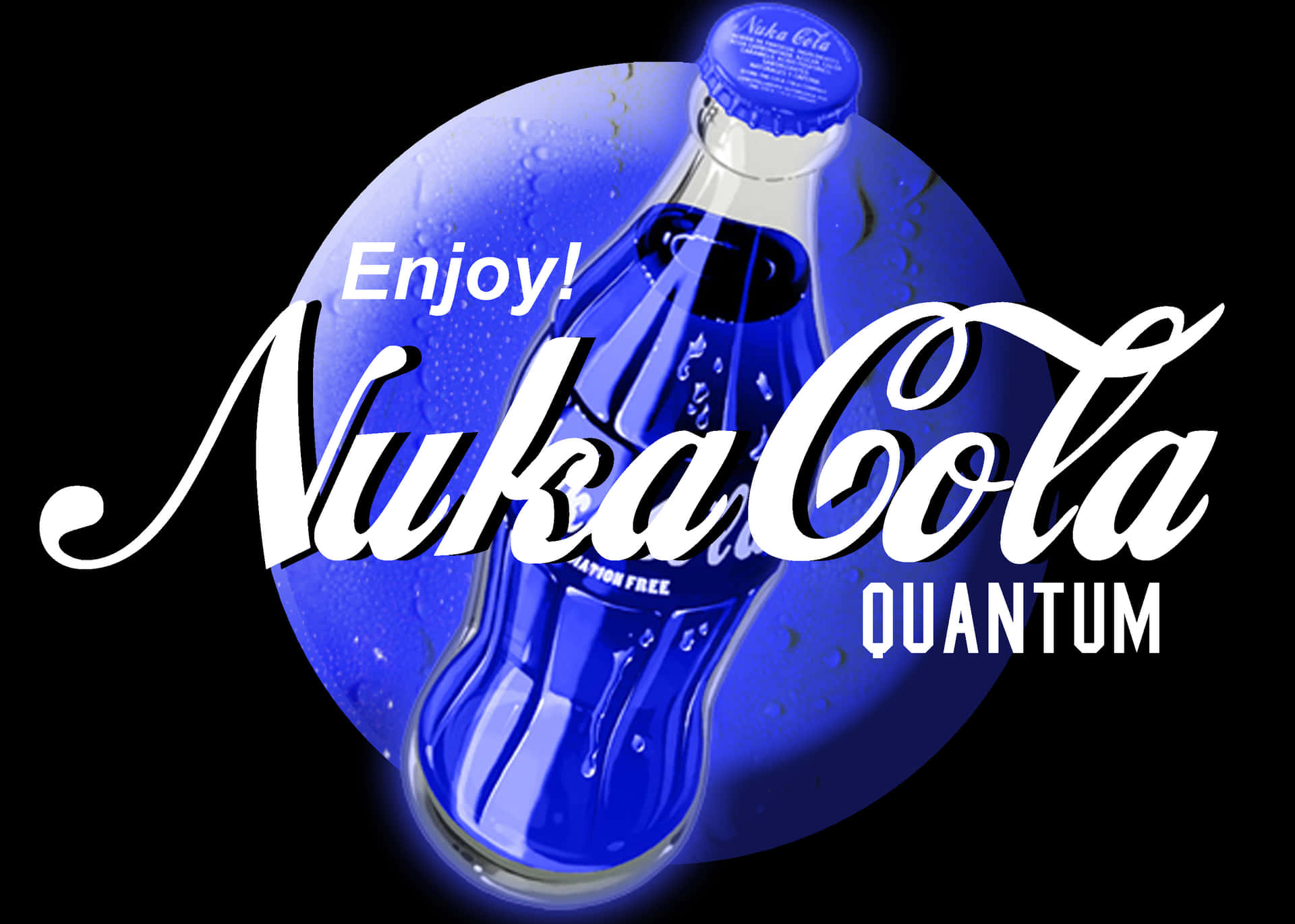 一個藍色Nuka-Cola Quantum瓶子，帶有冷凝水和白色文字，置於黑色背景上。
