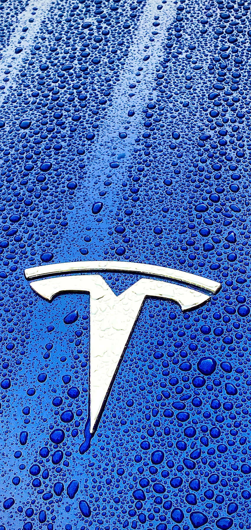 藍色引擎蓋上帶水滴的銀色 Tesla 標誌。