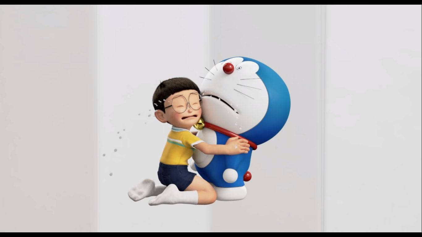 哆啦A夢與大雄條紋藝術 壁紙 — 一個戴眼鏡的男孩擁抱一隻藍色機械貓，貓有紅鼻子和鈴鐺，背景是純白牆壁。