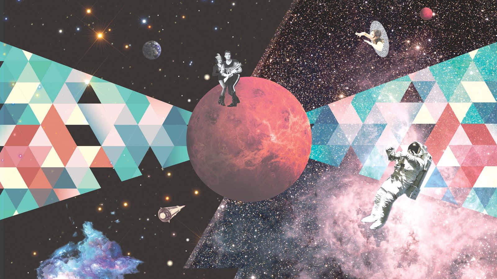 太空人在帶有彩色幾何圖案和發光星雲的紅色行星附近的太空中漂浮。