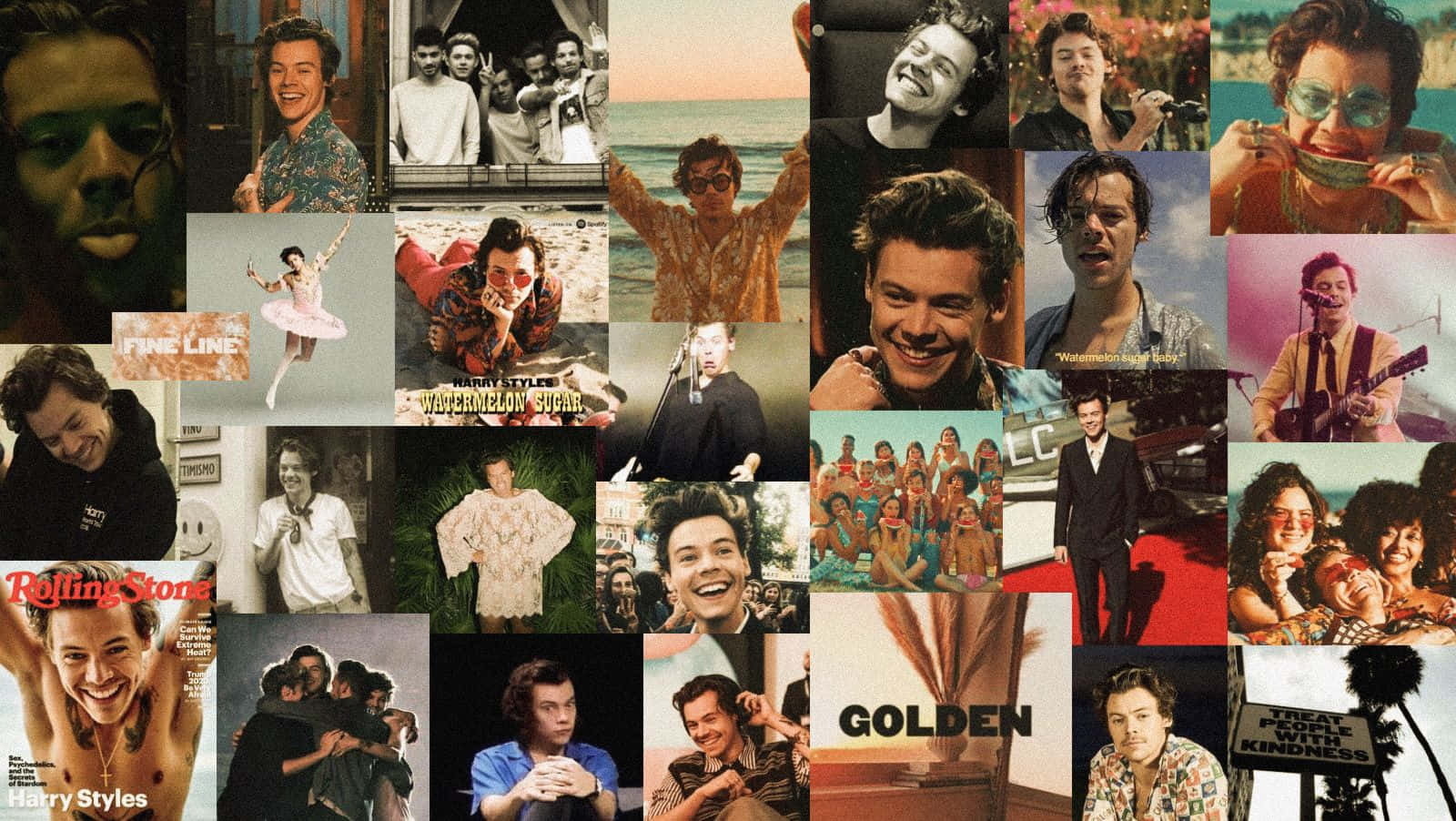 Harry Styles拼貼畫，包含來自專輯、演唱會和雜誌封面的照片。