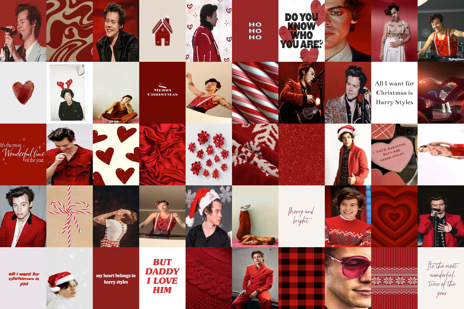 Harry Styles 穿著節日服裝，以及帶有紅白心形和文字的聖誕主題拼貼畫。
