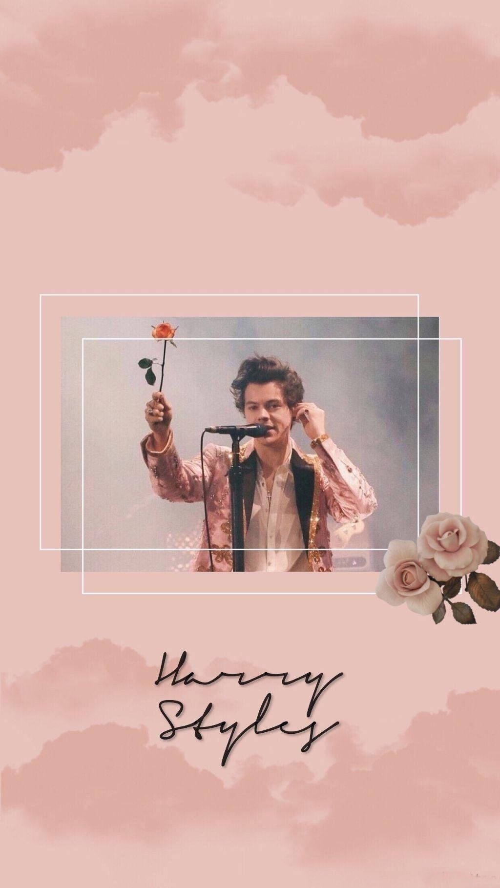 Harry Styles 對著咪高峰唱歌，手持玫瑰，背景是粉彩水彩。 — 哈里·斯泰爾斯 壁紙