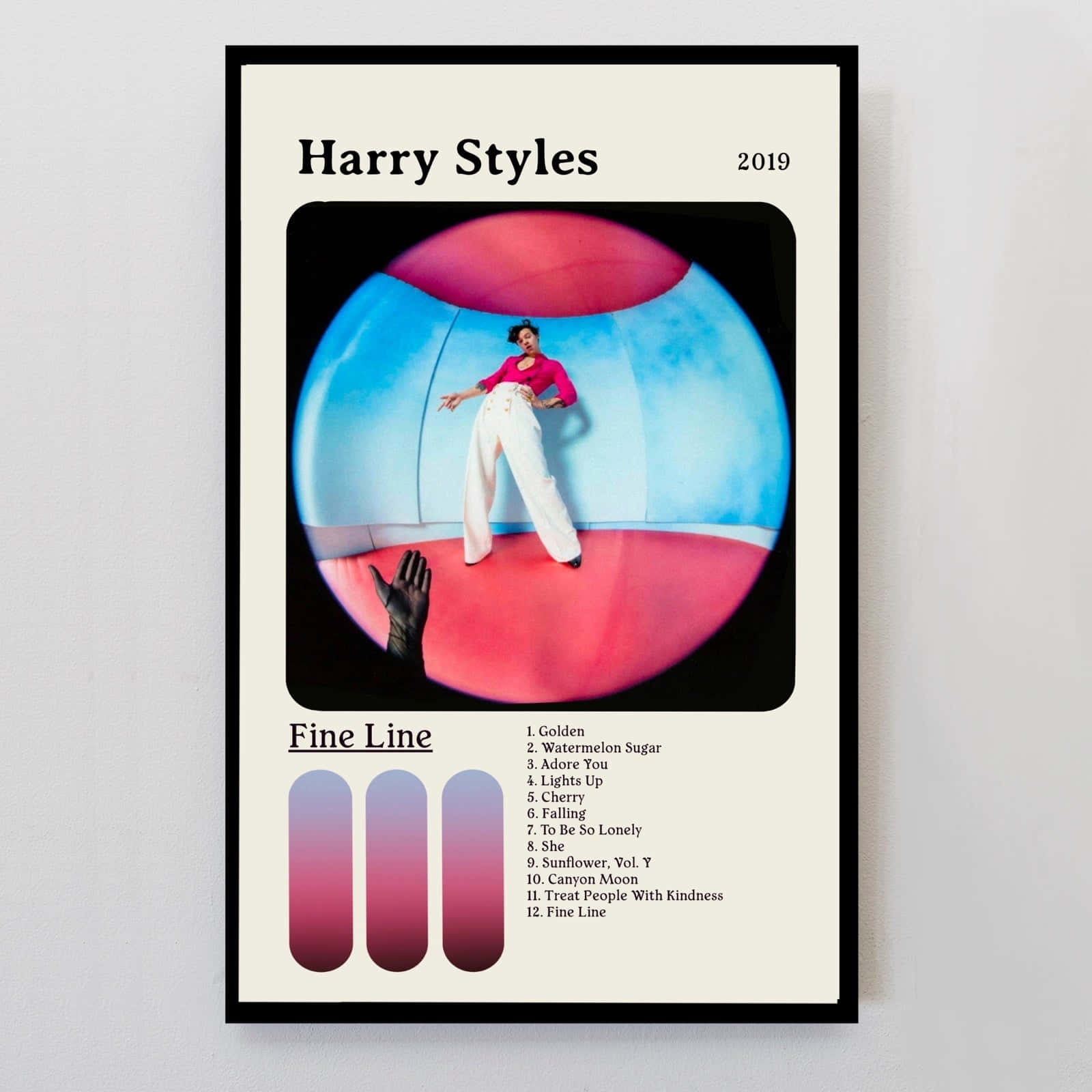 Harry Styles 的《Fine Line》專輯封面，帶有曲目列表和漸變設計。