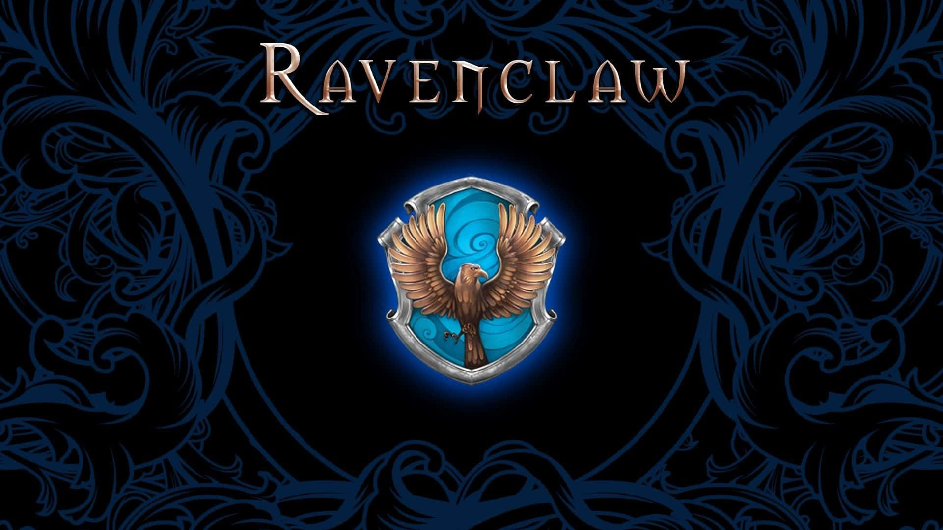 Ravenclaw 紋章，帶有鷹盾，置於深色裝飾背景上