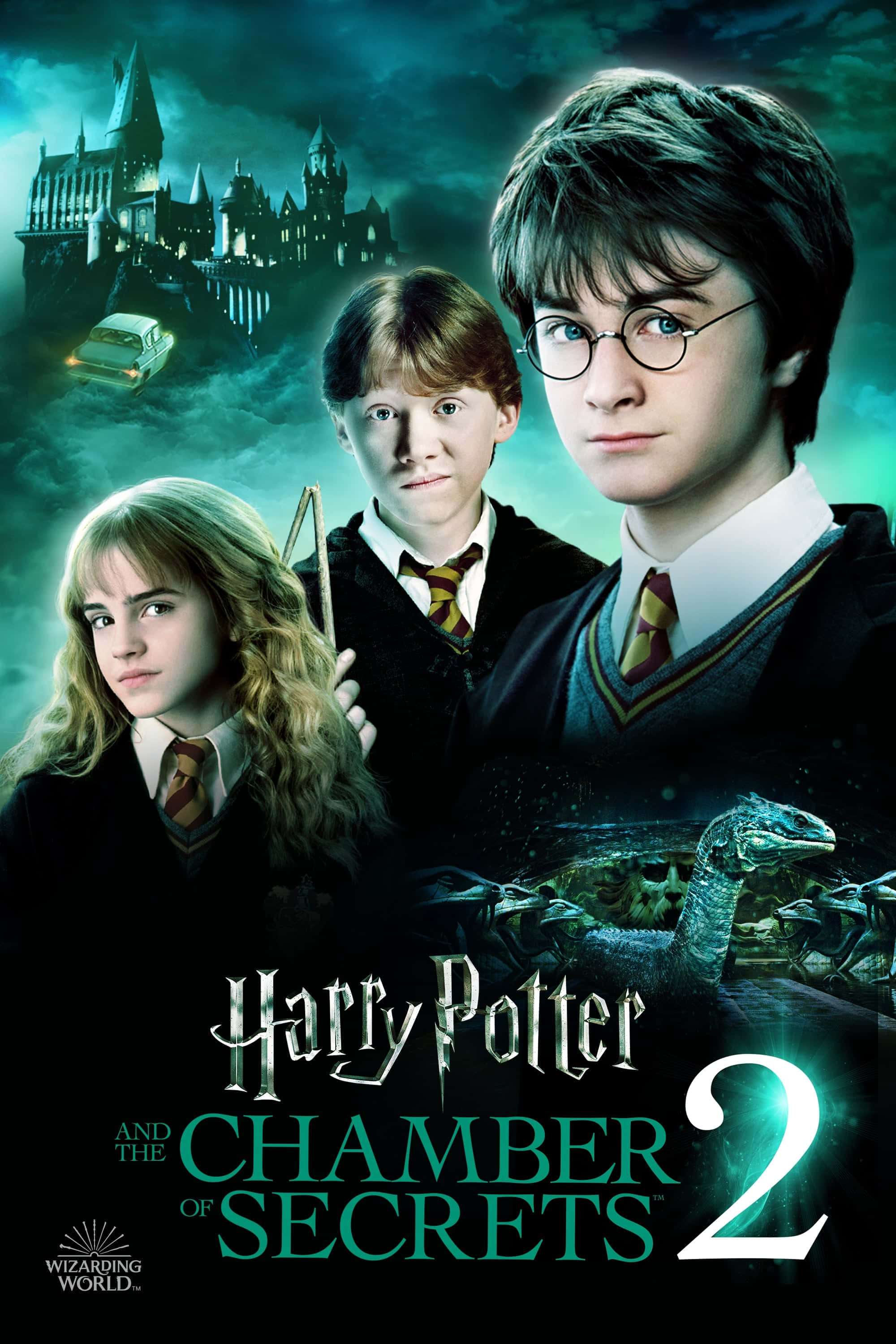 The Chamber Of Secrets 桌布 壁紙 — 哈利波特、榮恩和妙麗穿著霍格華茲制服，與蛇妖和飛天汽車在暴風雨城堡背景下。