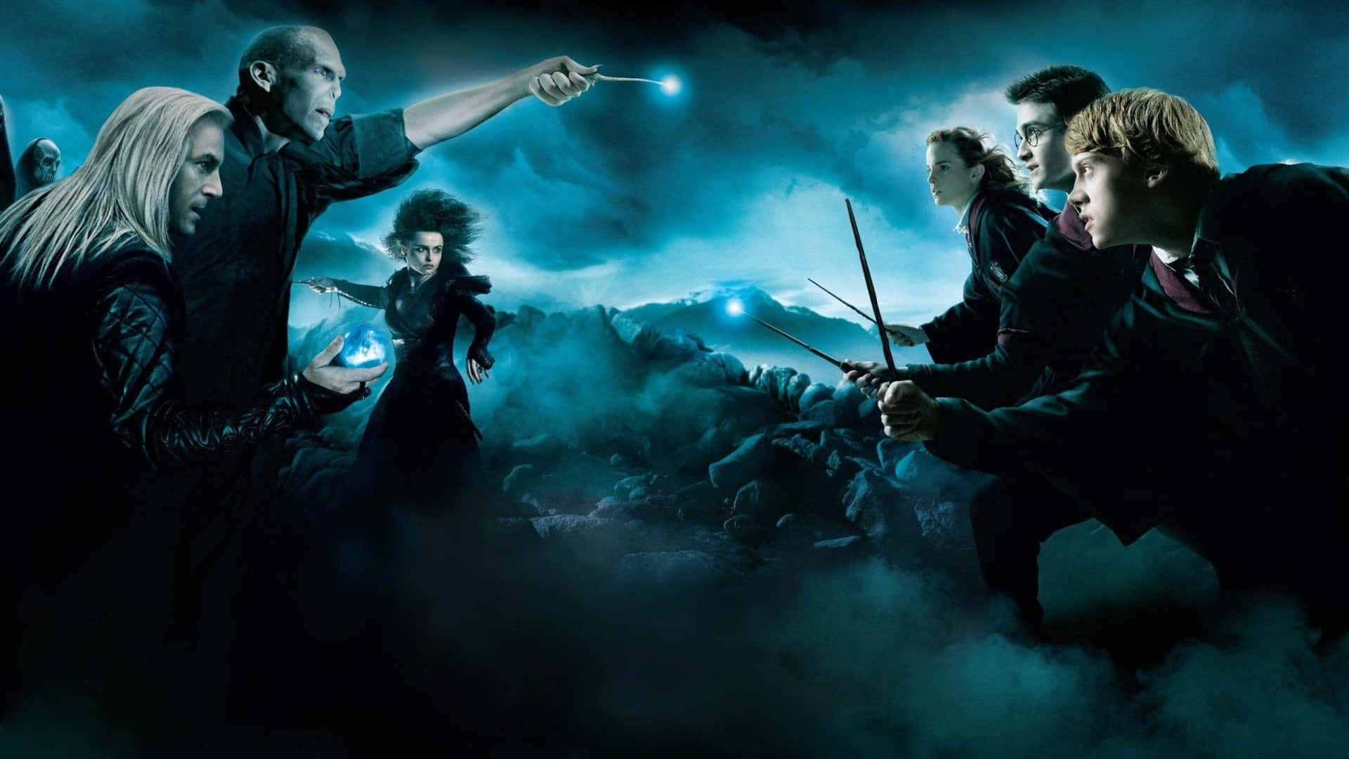 哈利波特和朋友們在暴風雨的天空下與黑巫師決鬥。