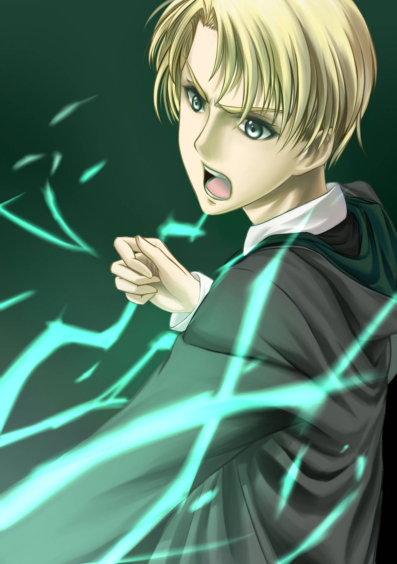 穿著校服長袍的動漫男孩，以兇猛的表情釋放發光的藍綠色魔法能量。