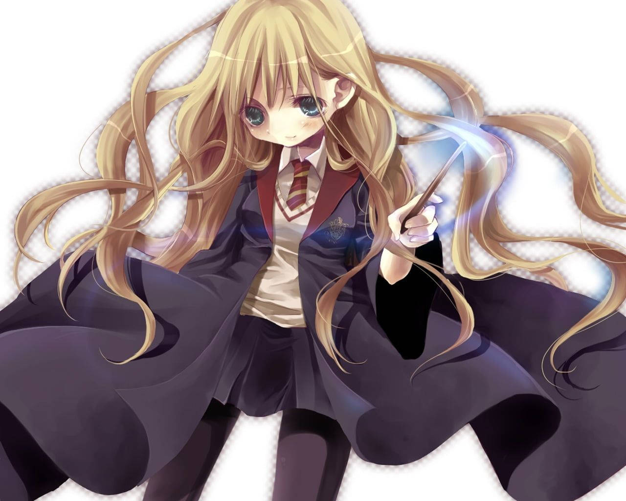 長金髮的動漫女孩穿著校服，用發光魔杖施展魔法。