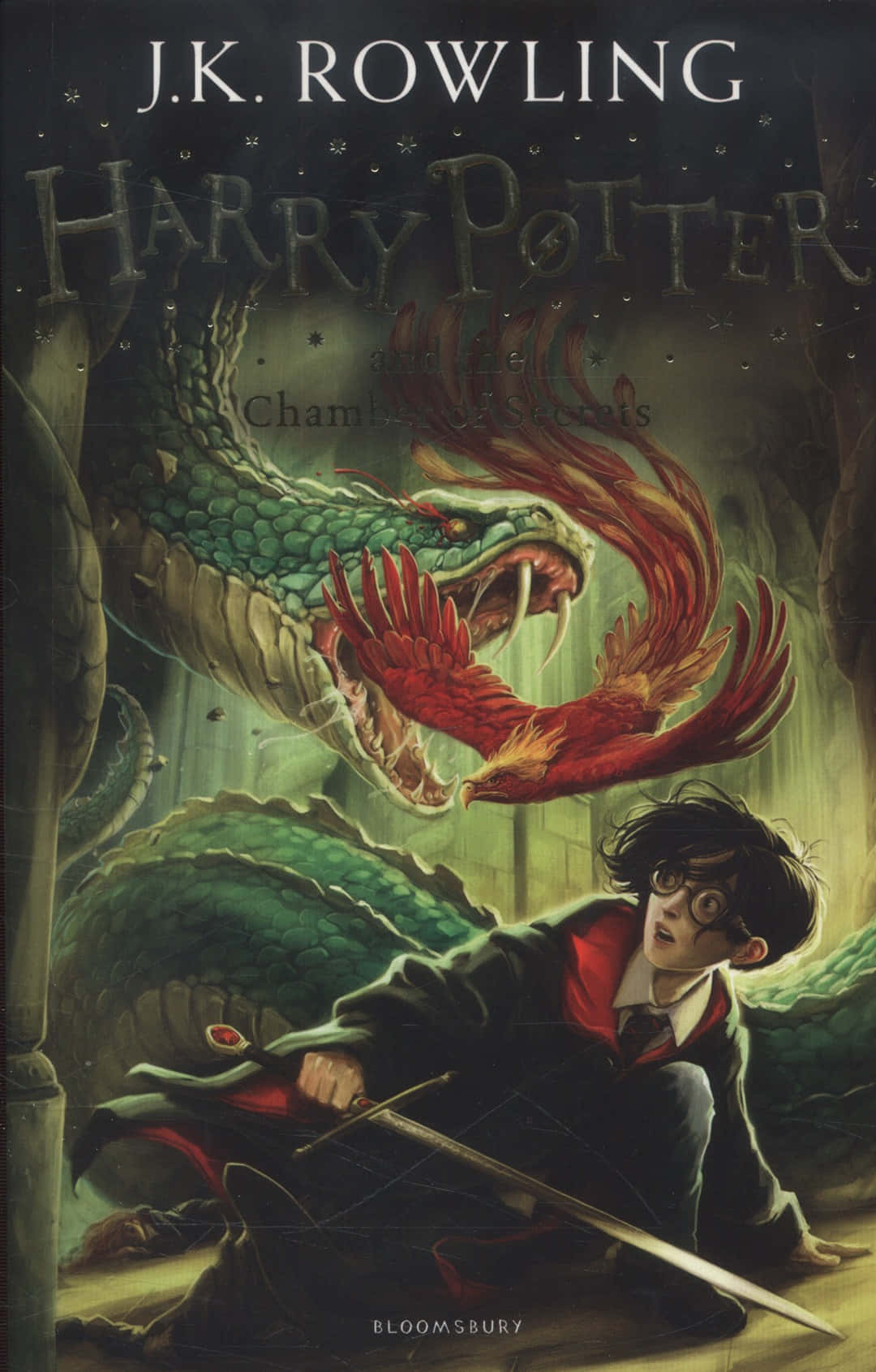 The Chamber Of Secrets 桌布 壁紙 — 哈利波特在一個黑暗而神秘的房間裡面對一條巨大的綠色蛇和一隻熾熱的鳳凰。