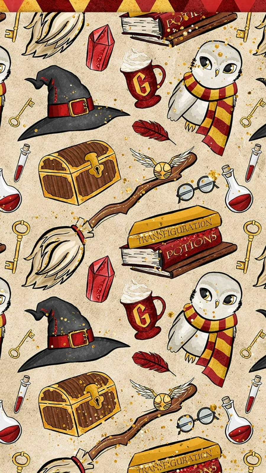 哈利波特主題牆紙，帶有貓頭鷹和魔杖等魔法物品。