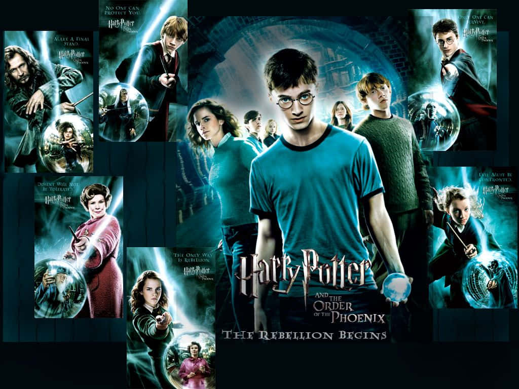 The Order Of Phoenix 桌布 壁紙 — 哈利波特與朋友們在《鳳凰會的密令》的戲劇性電影海報中，於黑暗魔法背景下揮舞發光的魔杖。