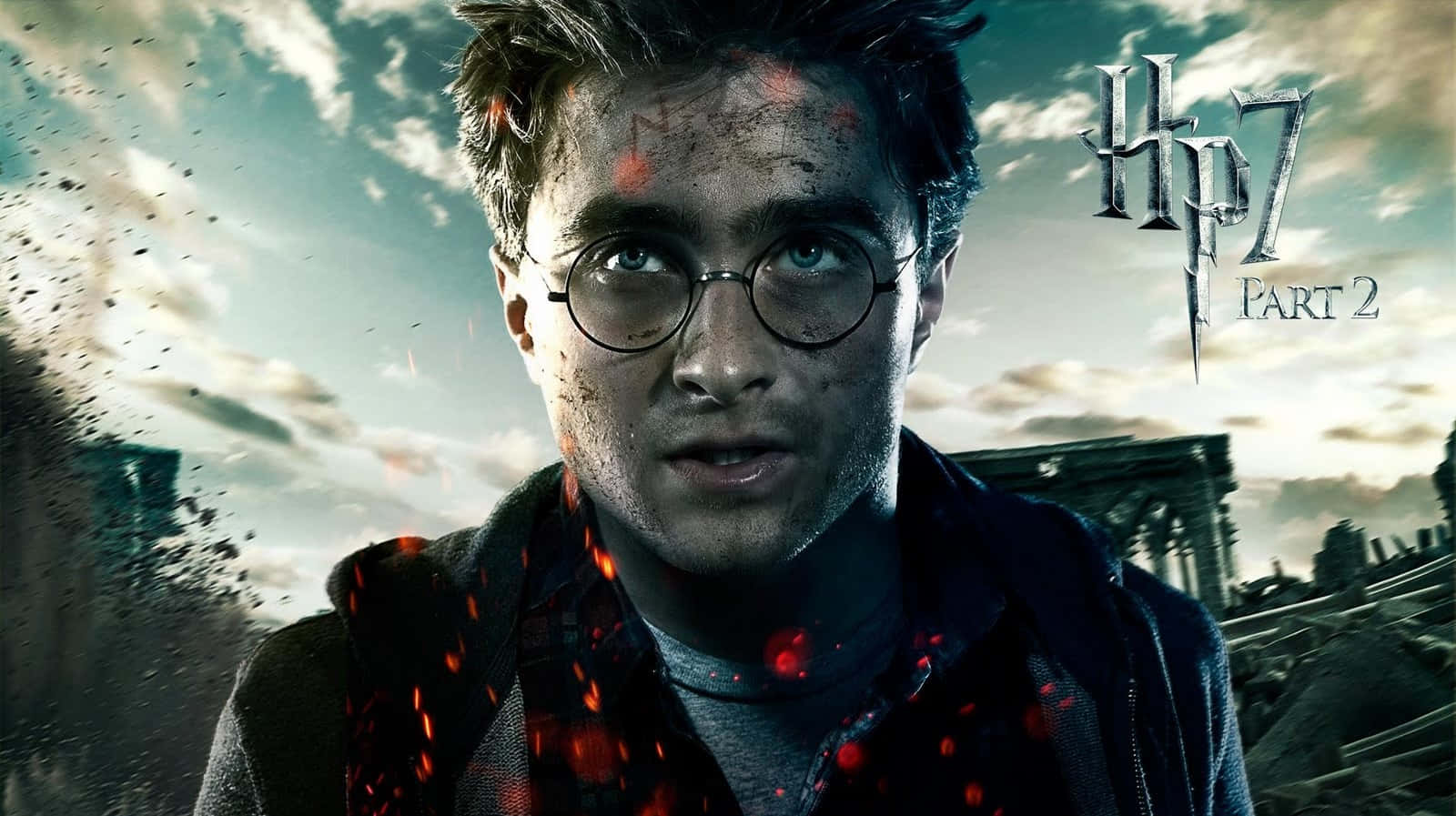 The Deathly Hallows 桌布 壁紙 — 哈利波特面對一場戰鬥，熾熱的火花四濺，廢墟在他身後倒塌，天空風雨交加。