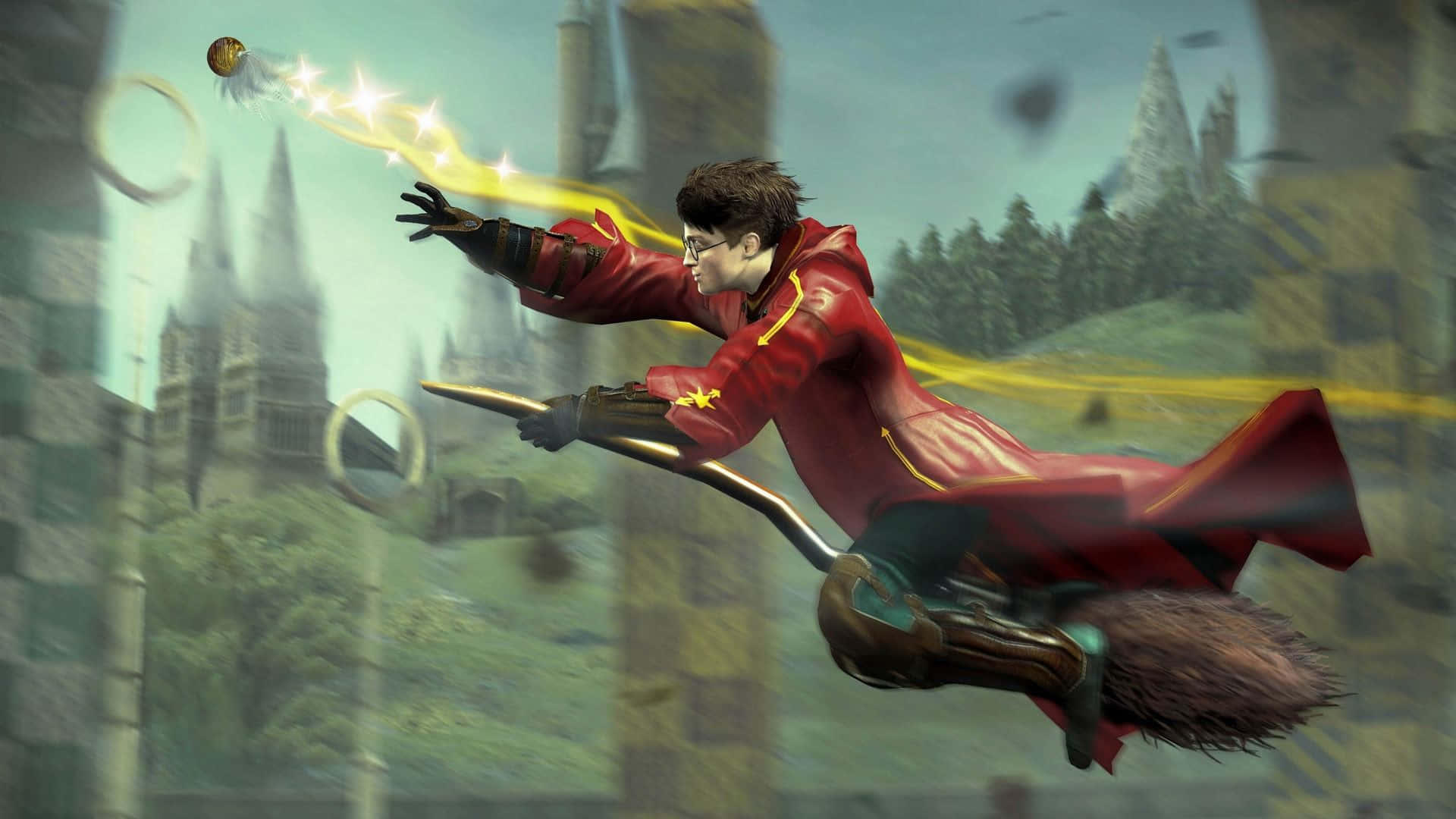 The Hogwarts Quidditch Team 桌布 壁紙 — 哈利波特騎著掃帚在魔法城堡庭院追逐金色飛賊。