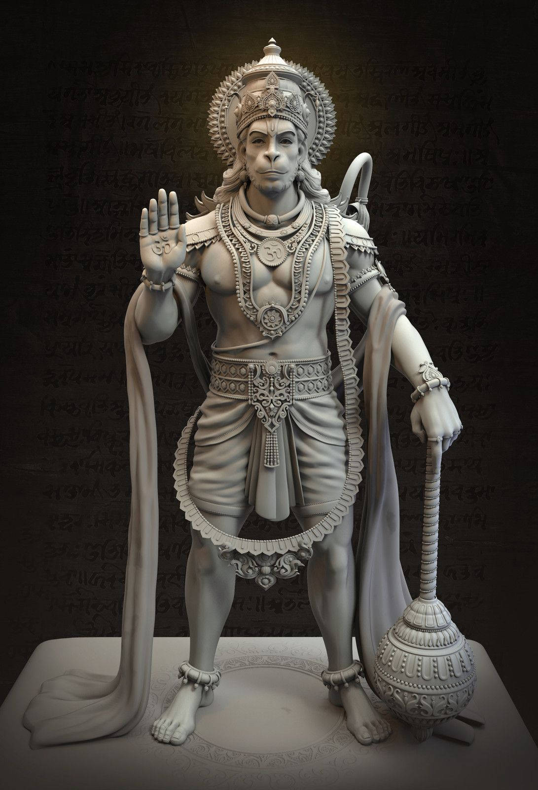 哈努曼神3D石雕 壁紙 — 一個詳細的黑白雕像，描繪哈努曼以英雄姿態手持狼牙棒並舉起手，背景是文字。