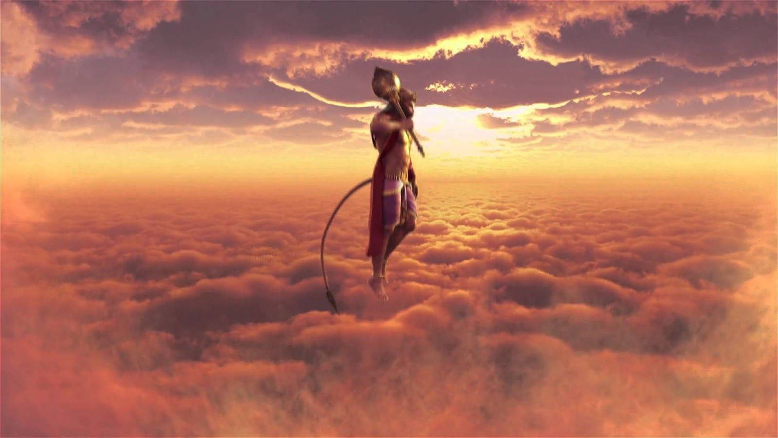 猴神在夕陽下飛越雲層，天空火紅