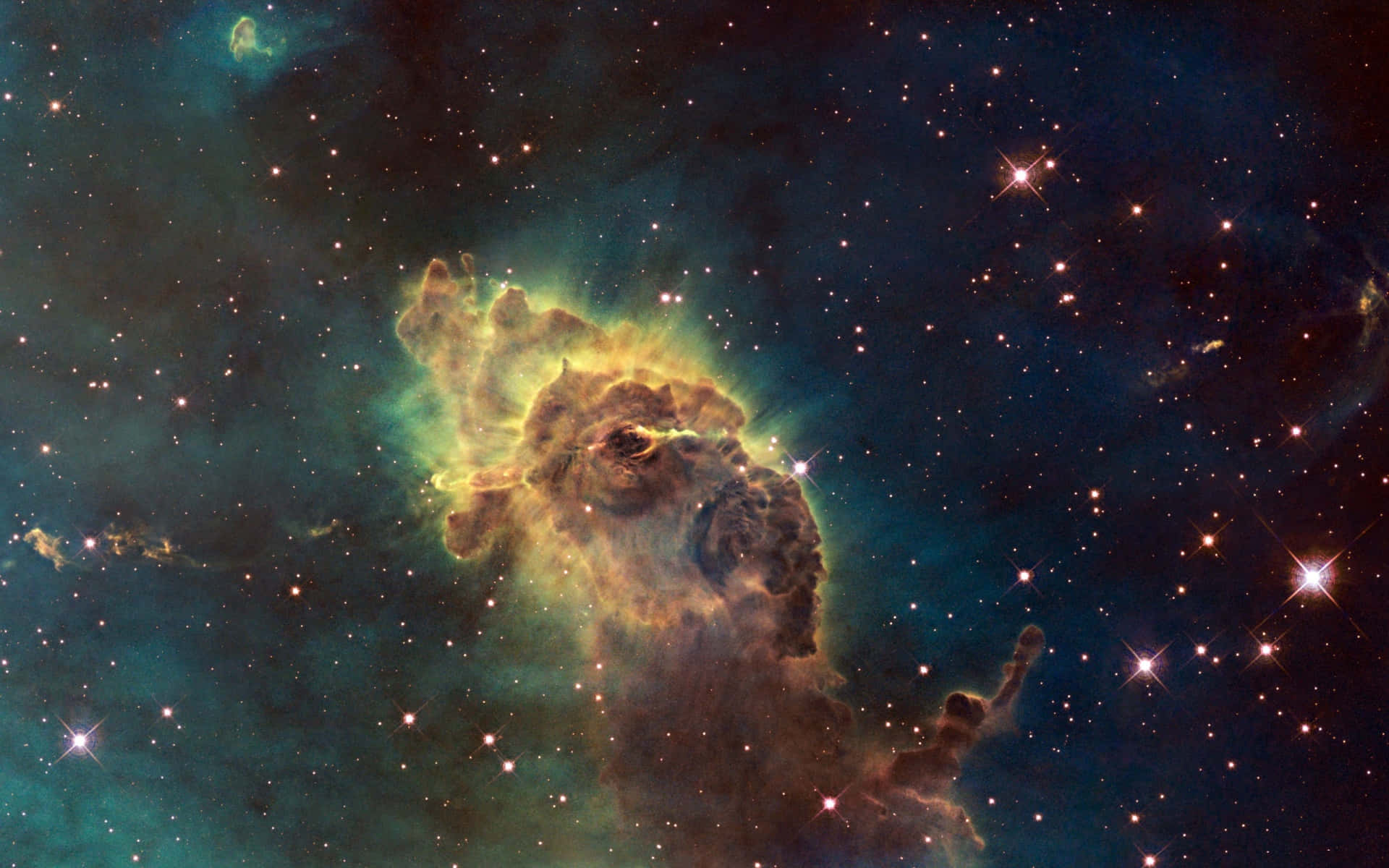 深空中帶有發光氣體雲和明亮恆星的彩色星雲。