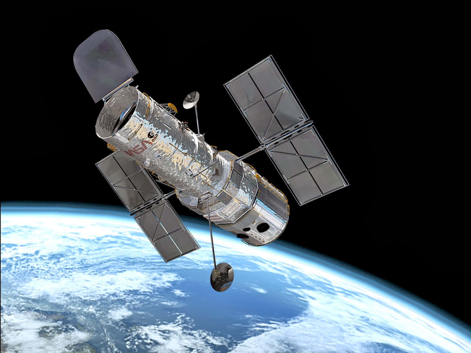 Hubble Space Telescope 桌布 壁紙 — 哈勃太空望遠鏡在太空的漆黑背景下繞地球運行，下方是地球的藍白色曲線。