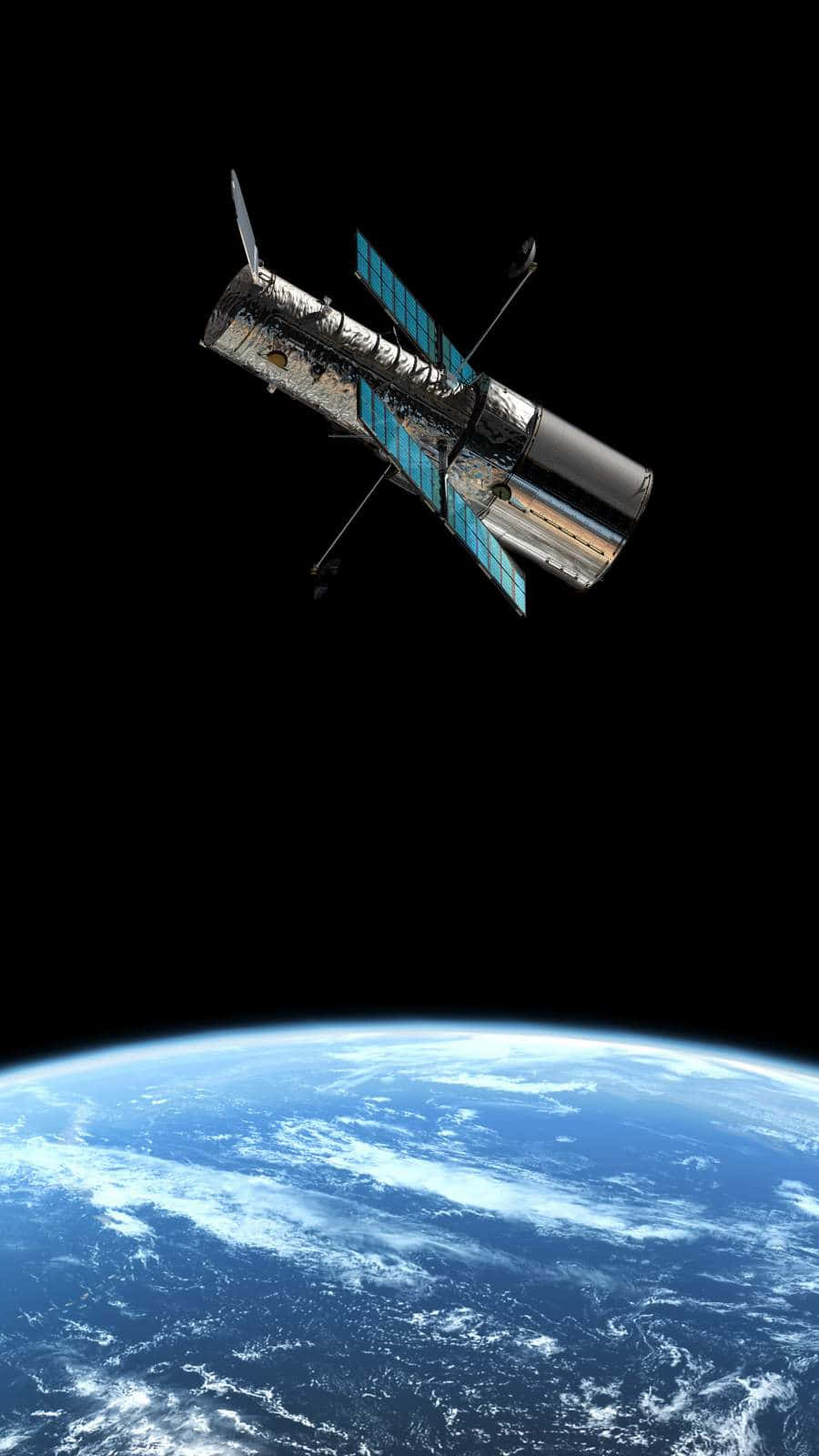 Hubble Space Telescope 桌布 壁紙 — 哈勃太空望遠鏡在漆黑的太空中繞地球運行，藍色星球在下方。